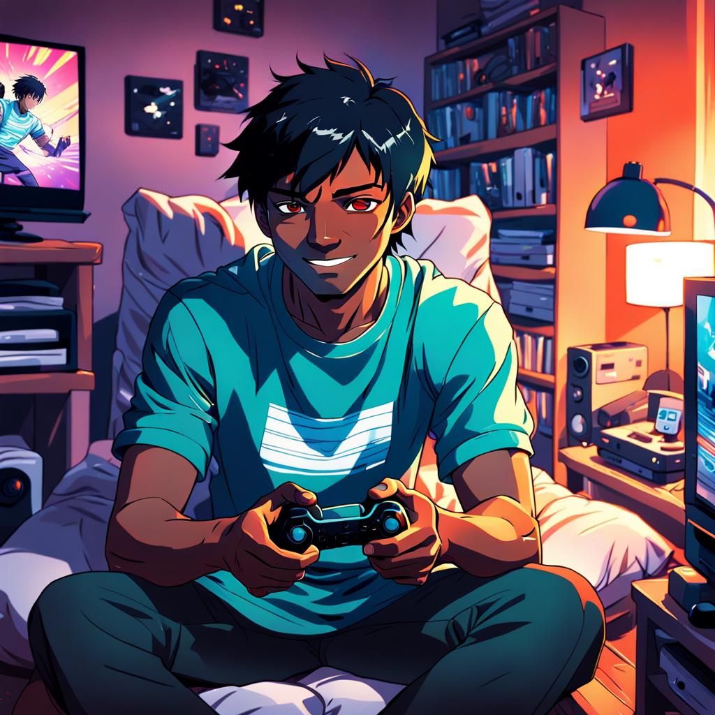 Anime Gamer Immersed in Cozy Manga Style