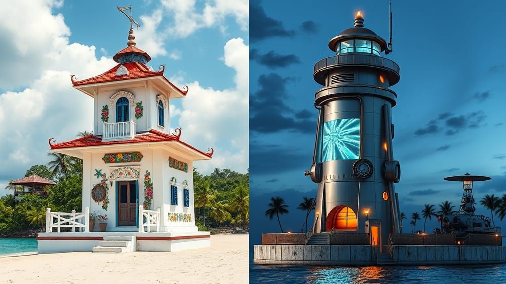 Thai and Cyberpunk Lighthouses on Tropical Beach