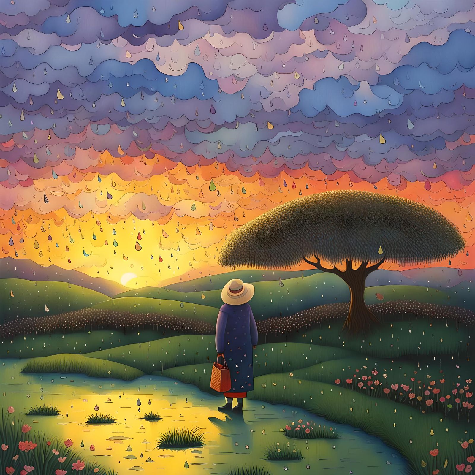 Colourful Naive Painting of Woman in Spring Rain
