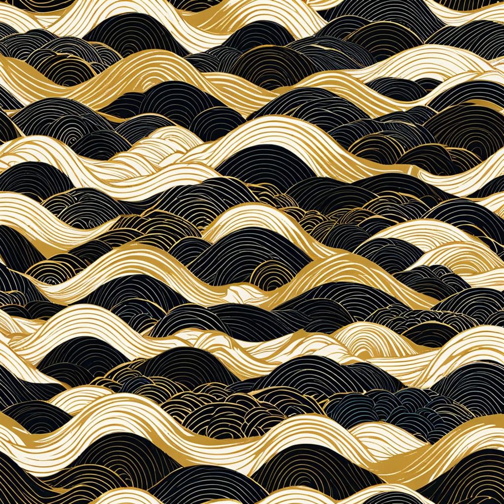 Golden Waves on Black: Traditional Japanese Geometric Textur...