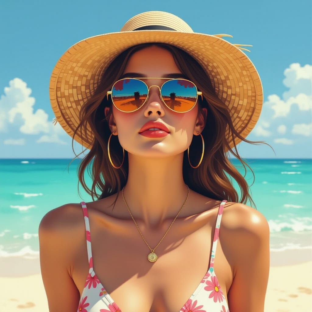 Cool Girl at Beach in Surrealist Watercolour