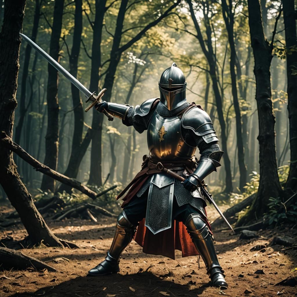 Aggressive Knight Charges Sword in Dramatic Action Scene