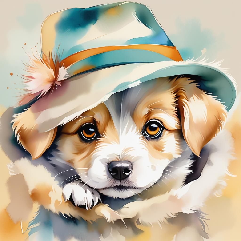 Puppy Hiding in Hat: Whimsical Digital Art