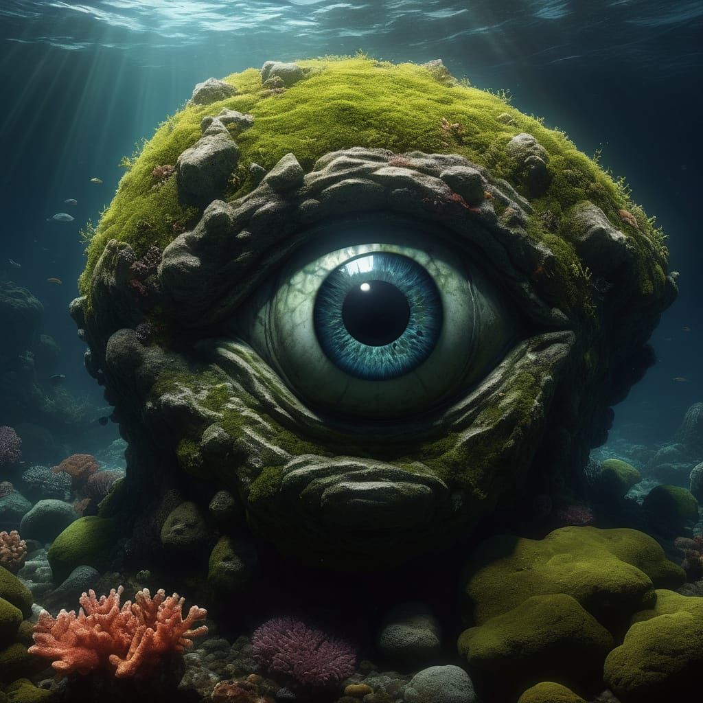 Submerged Cyclops Statue in Deep Ocean Concept Art