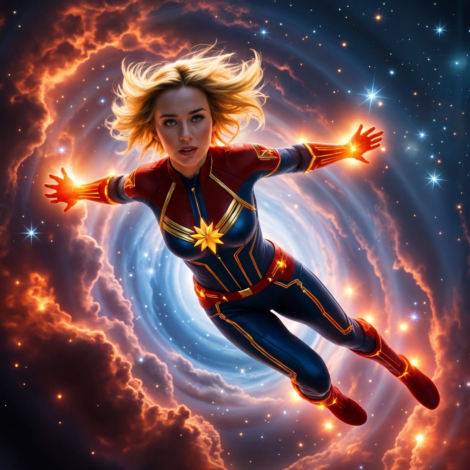 Epic Captain Marvel Flies Through Vibrant Nebula