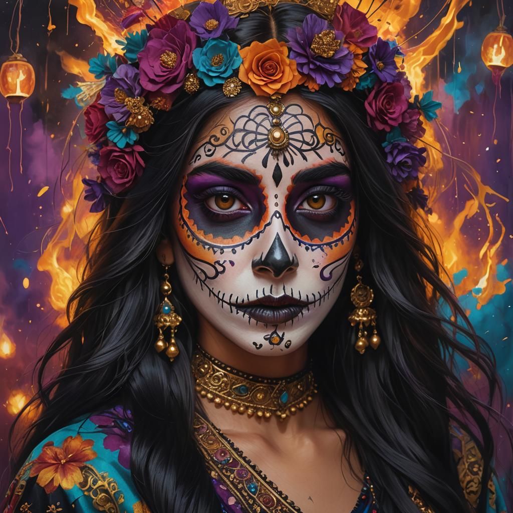Pakistani Catrina Portrait in Vibrant Fantasy Art Style