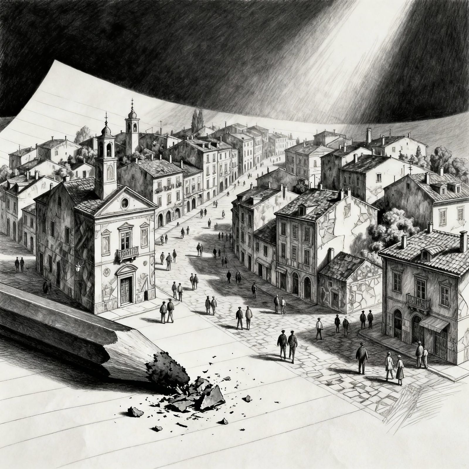 Surreal Graphite Drawing of a Busy Town