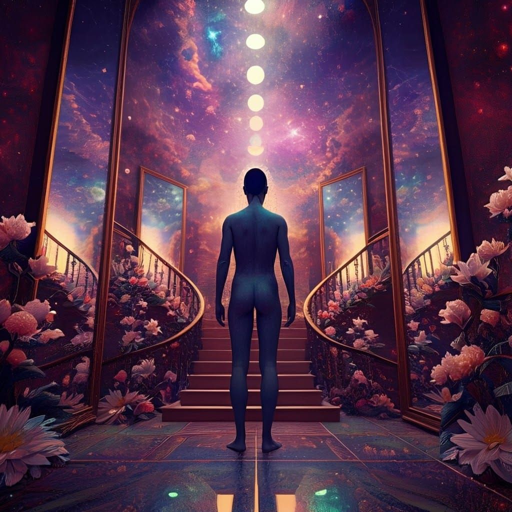 Mystical Figure Amidst Blooming Mirrors, 3D Render