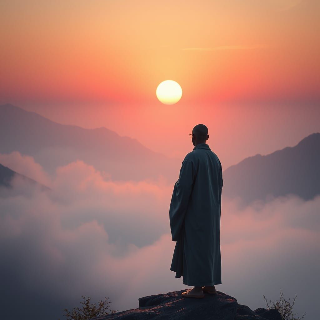 Ethereal Monk Contemplates Sunrise, Digital Matte Painting