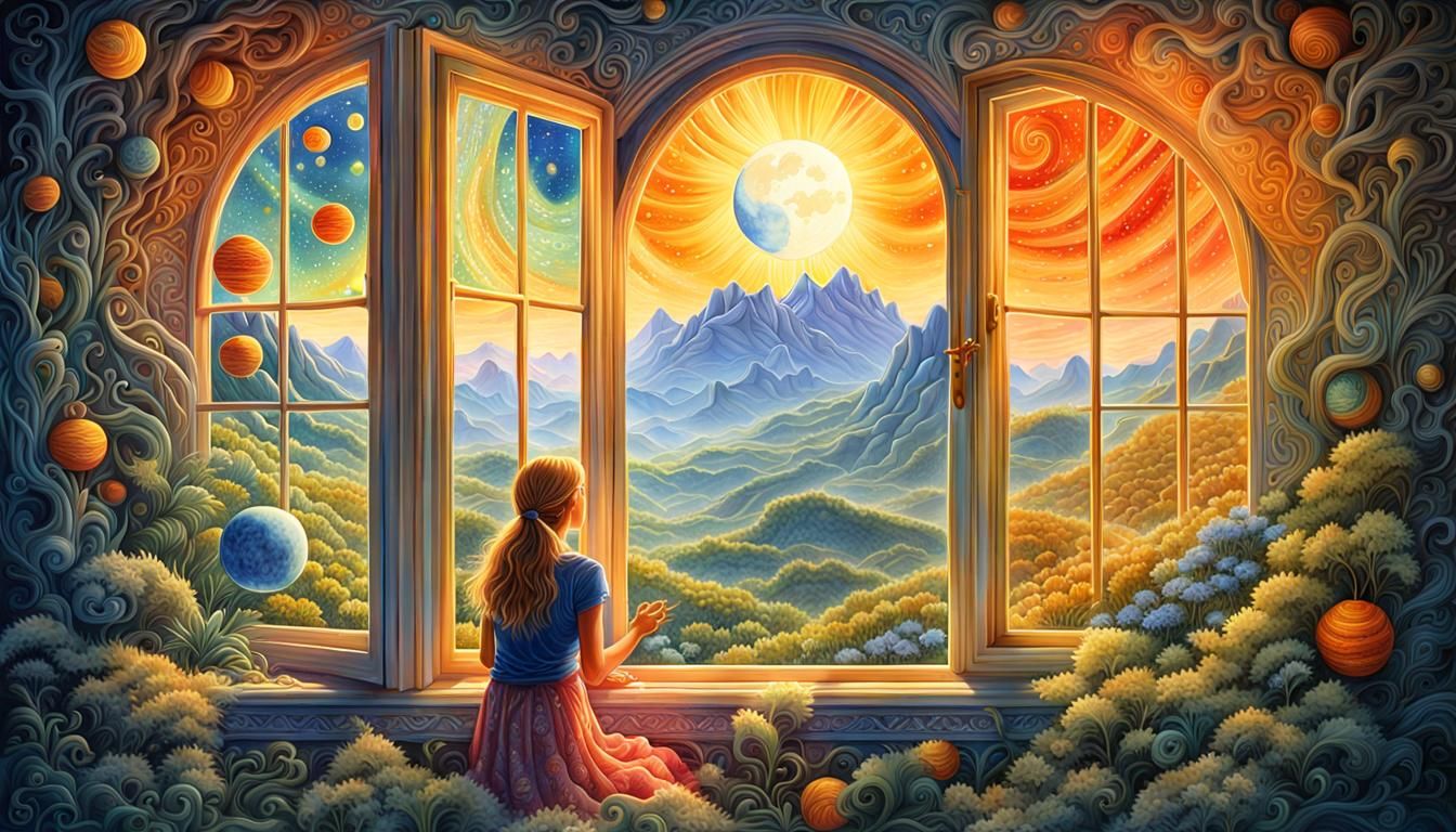 Woman Gazing at Nature Through Sun and Moon Window