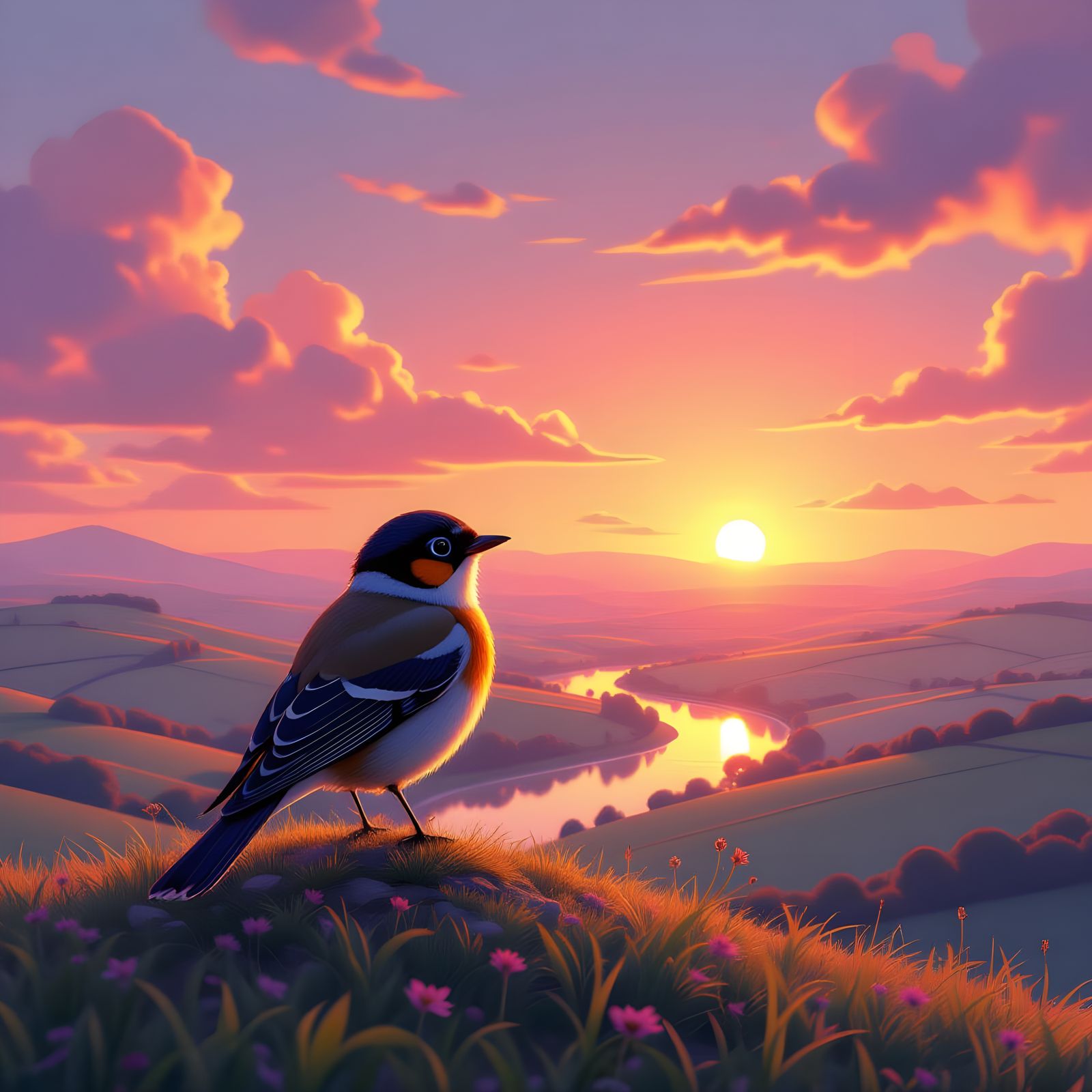 Robin Overlooking Dreamy Landscape in Pixar Style
