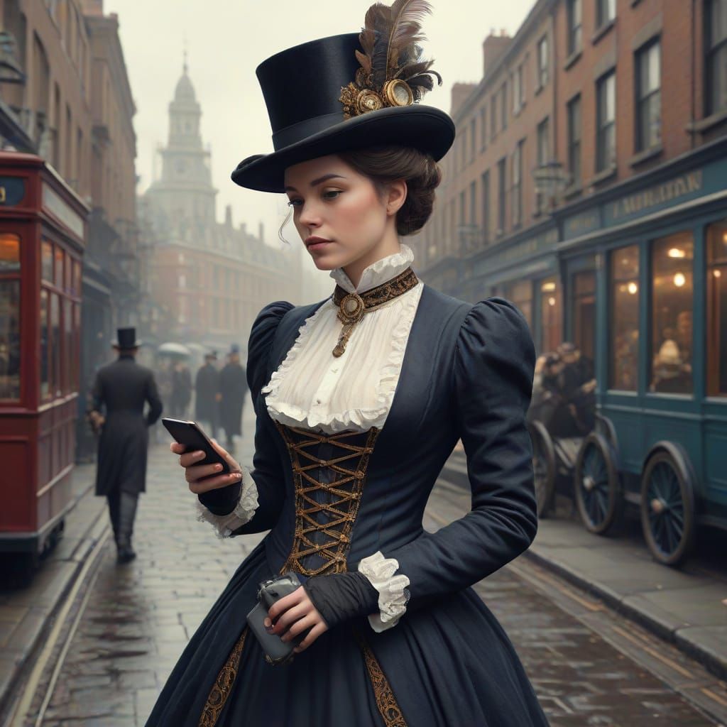 Victorian Woman with Smartphone in Steampunk London