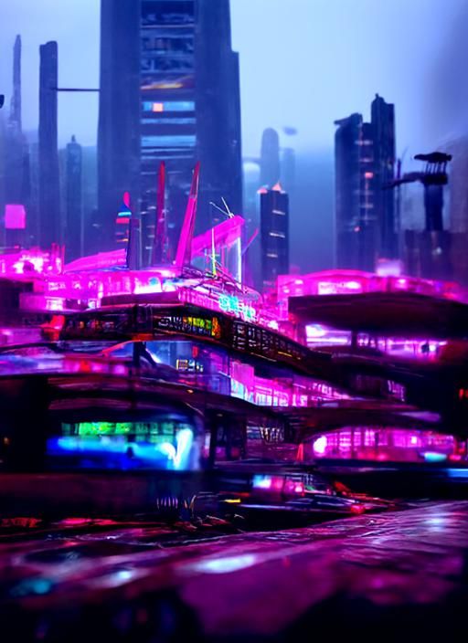 Cyberpunk Cityscape in Pastel Oil on Canvas