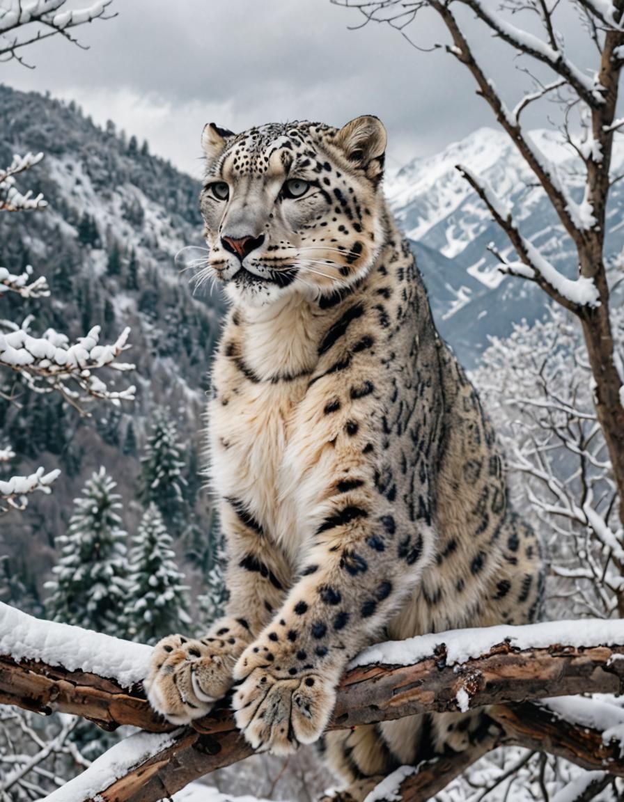 Snow Leopard on Snowy Branch in Winter