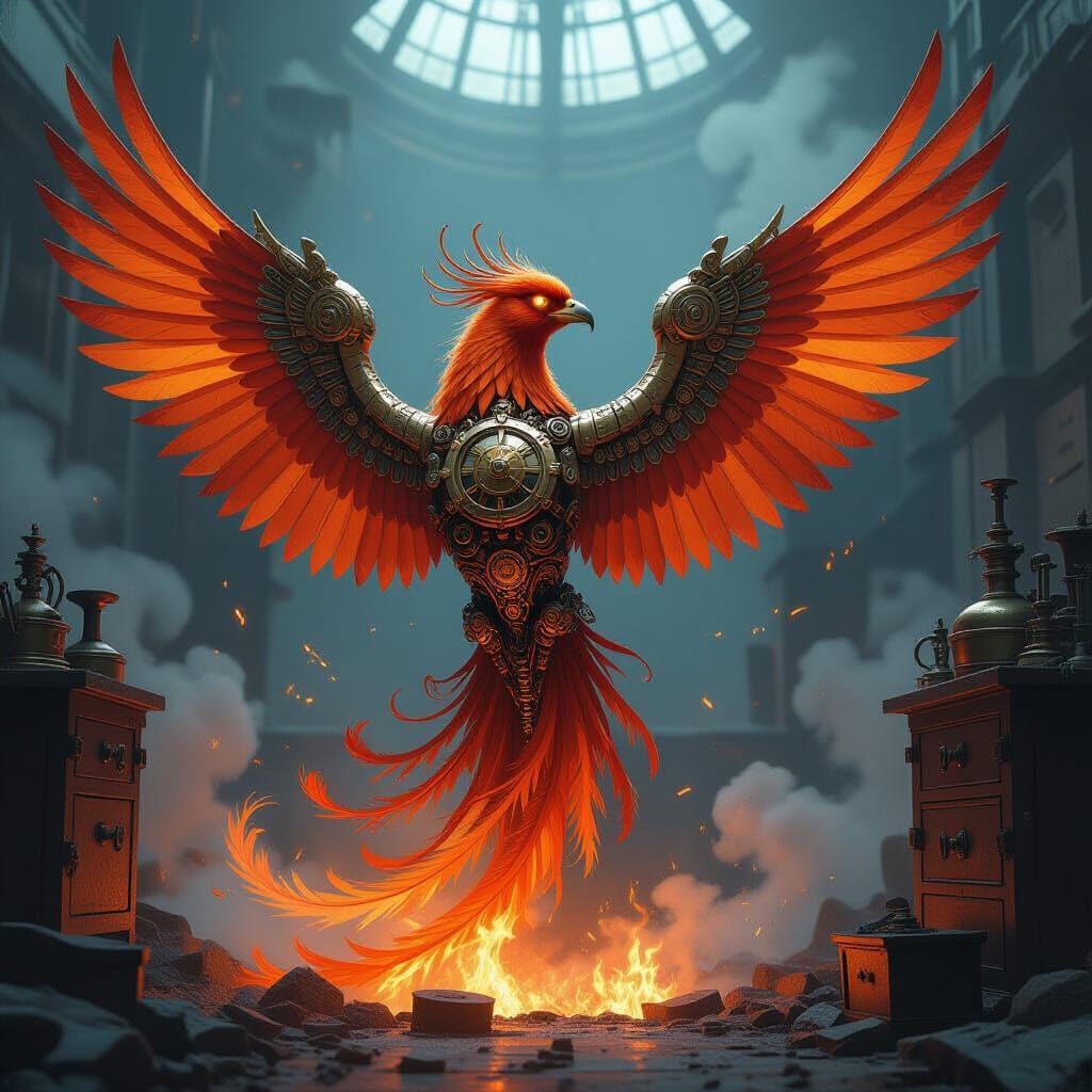 Steampunk Phoenix Rising from Ashes in Digital Art