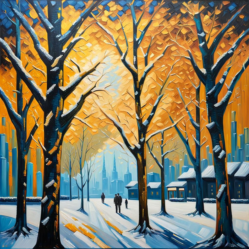 Contrasting Worlds: Expressionist Oil Painting with Golden F...