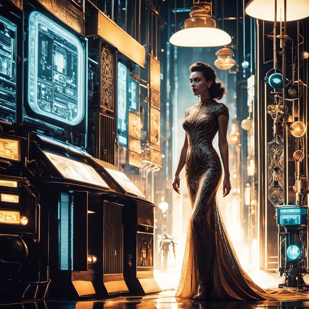 Atompunk Woman in Marketplace, Syd Mead Style