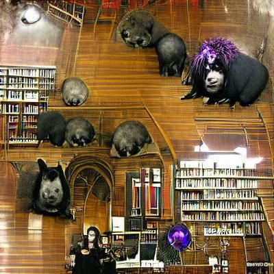 Gothic Wombat Party in Library Setting