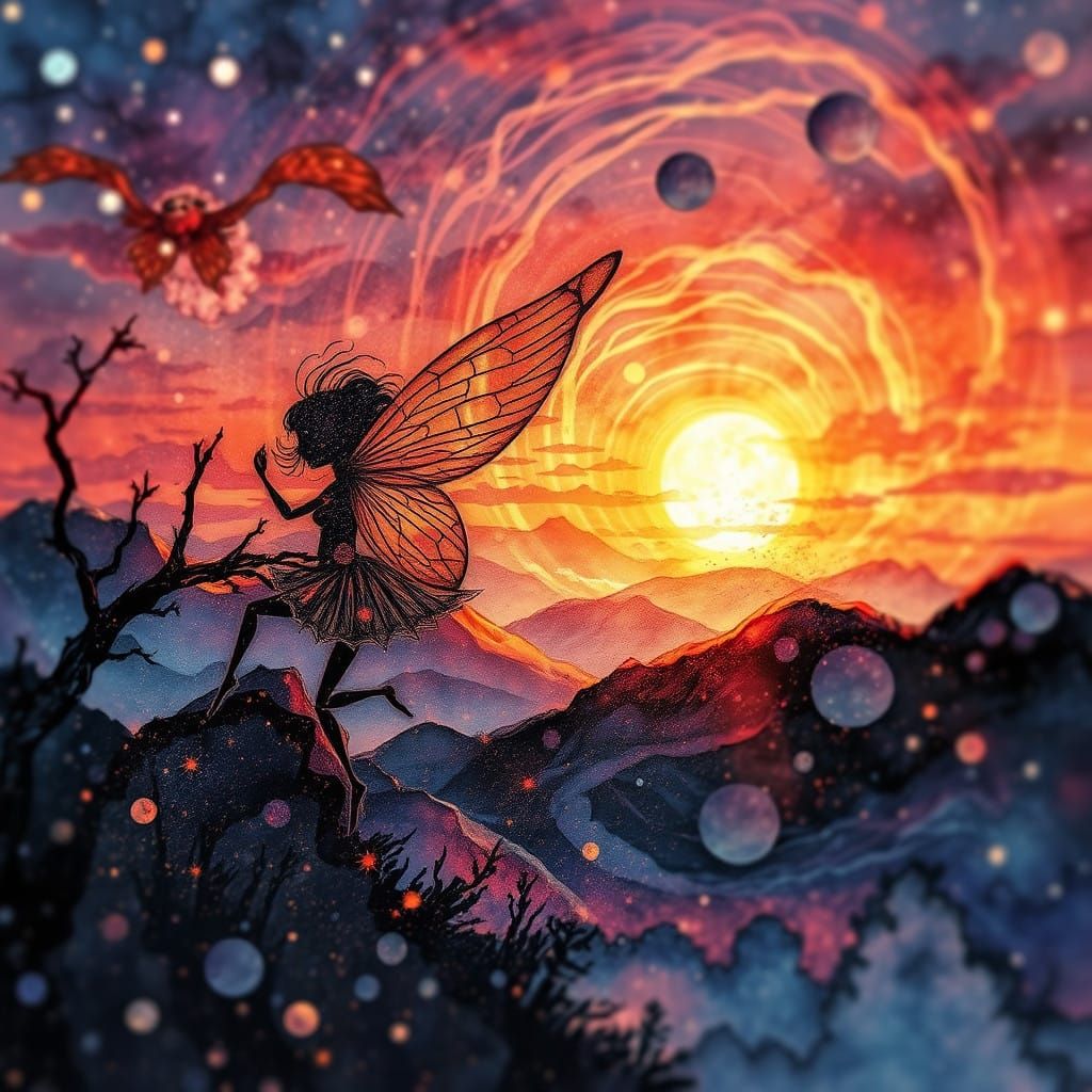 Ethereal Sunset Realm in Vibrant Impasto Watercolor