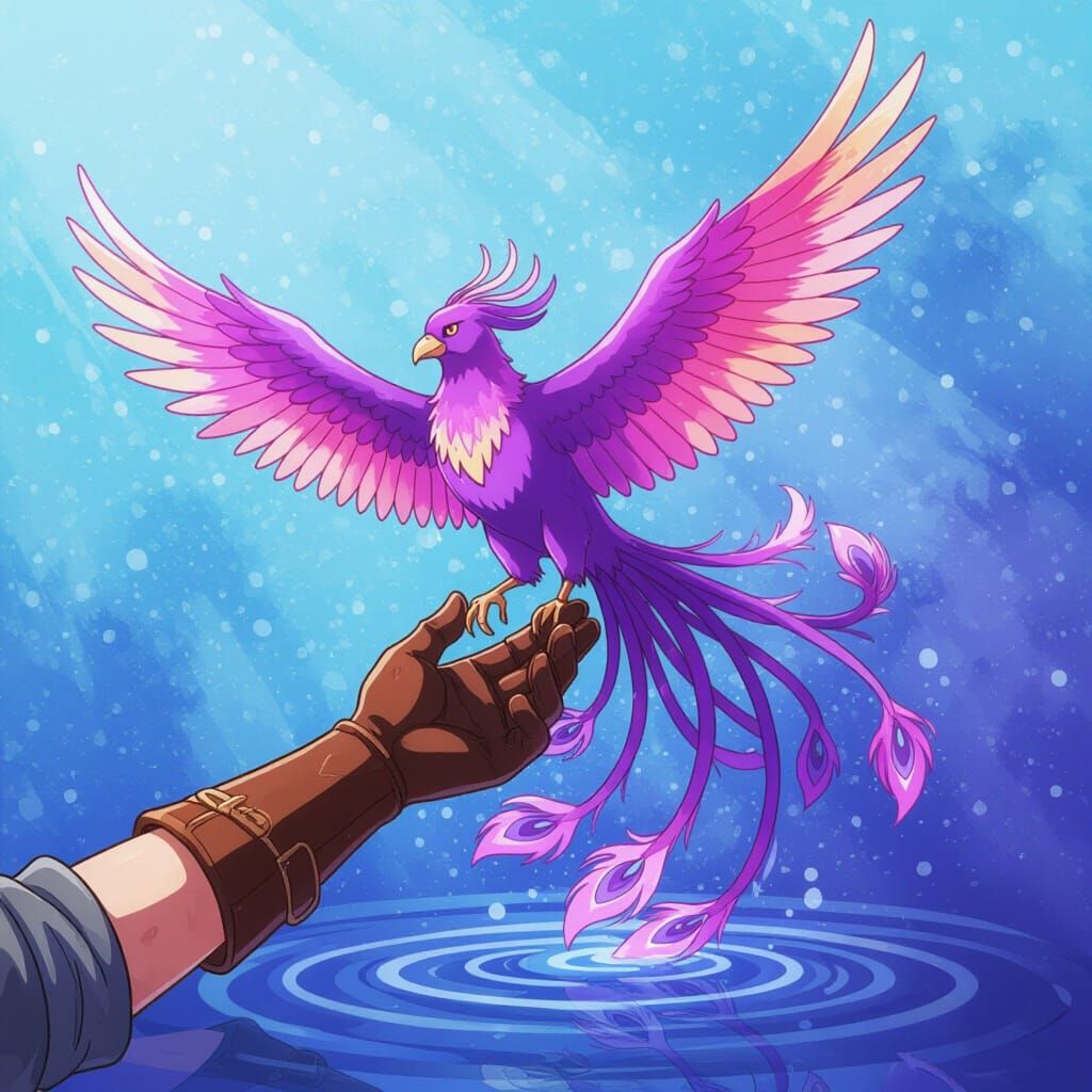 Purple Phoenix Lands Gently: Anime-Style Bird in Hand