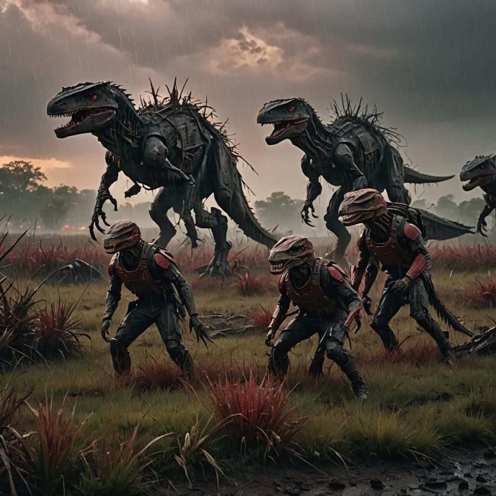 Battle-Scarred Warriors in Red Rain: Cinematic Film Still