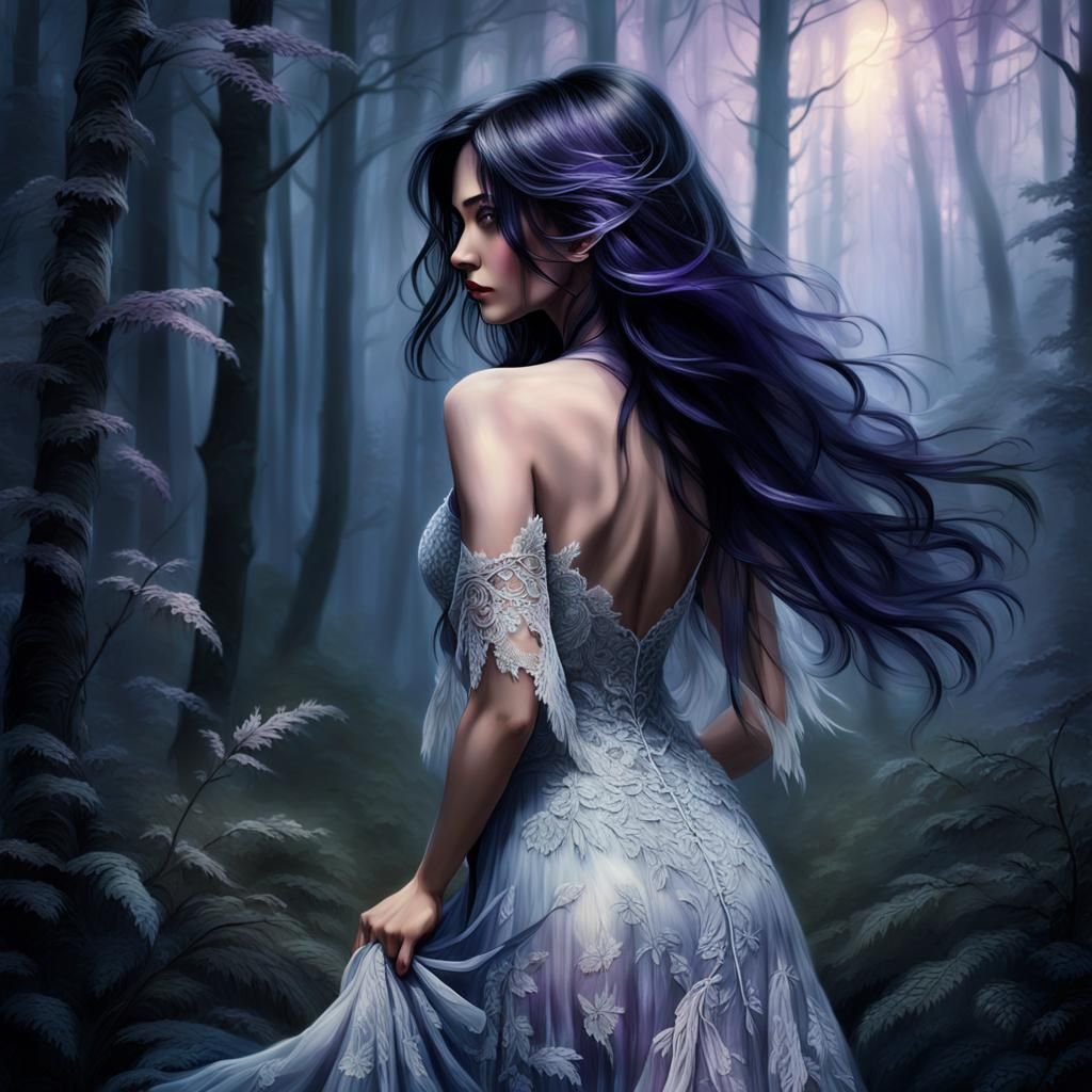 Romantic Realism Portrait of Woman in Twilight Forest