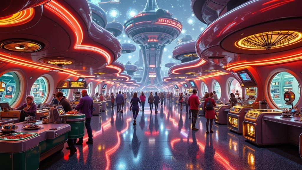 Retro-Futuristic Alien Business District in Googie Style