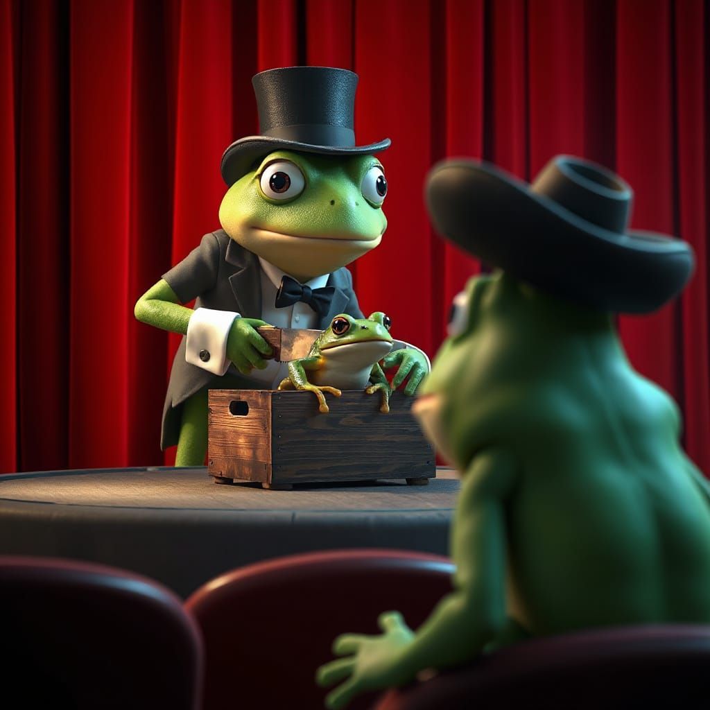 Frog Magician Sawing Assistant in Half, CGI Animation
