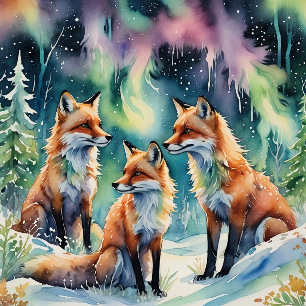 Foxes Playing Under Northern Lights: Watercolor Art