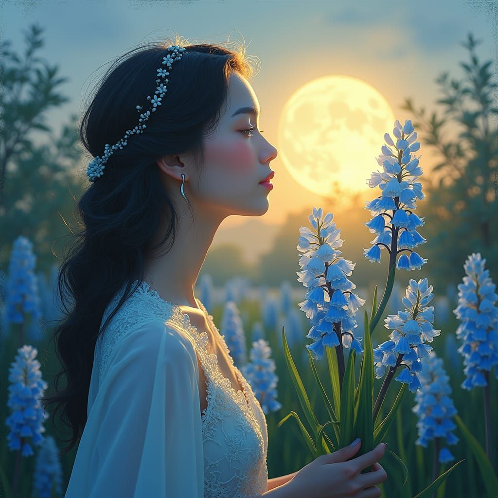Ethereal Moon Goddess Amidst Blooming Hyacinths