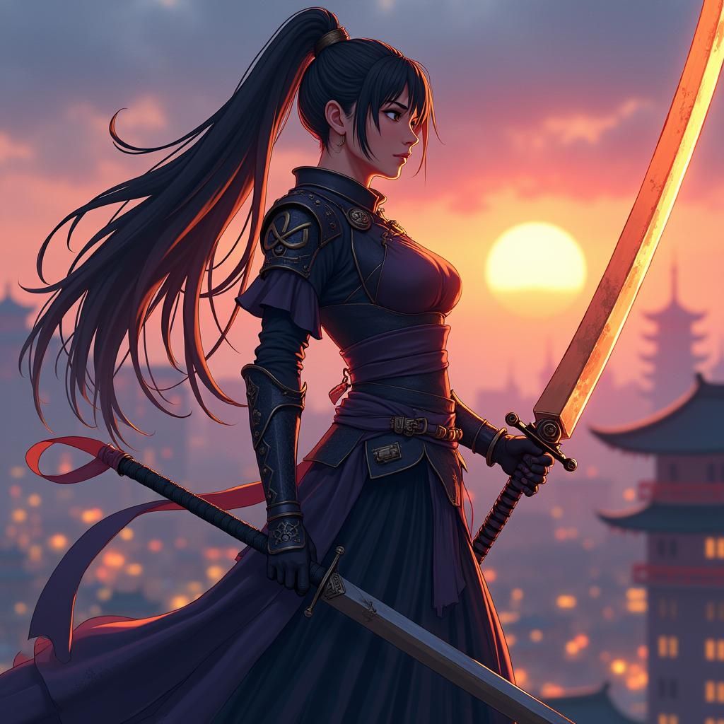 Heroic Woman Warrior with Katana in Manga Style