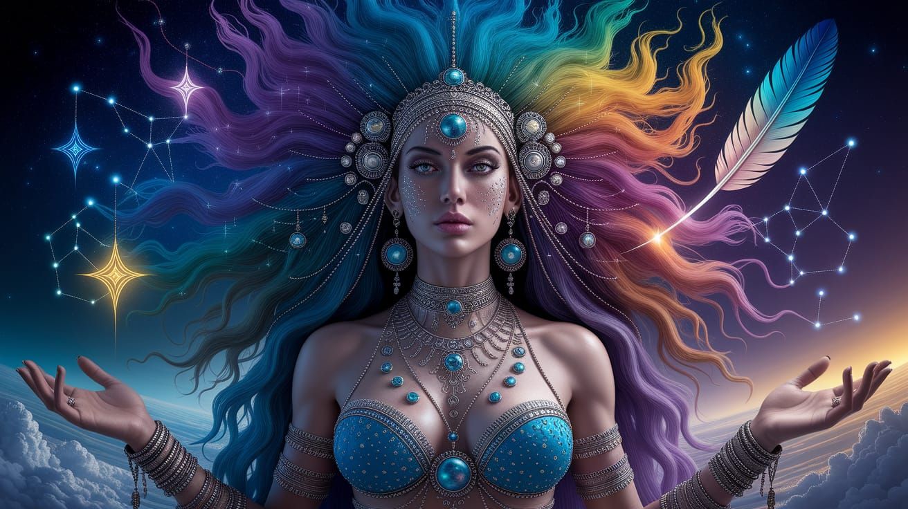 Cosmic Shamaness with Smoke Hair Among Stars