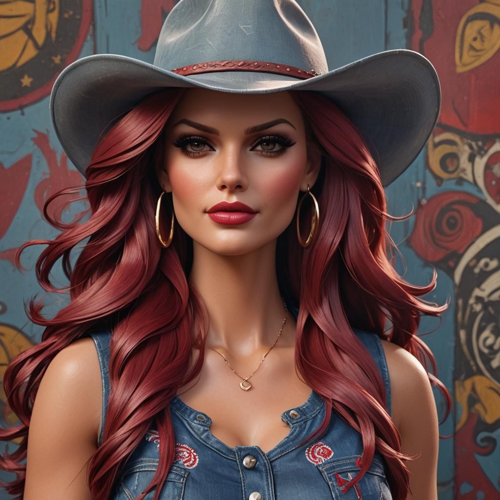 Hyperrealistic Barbie Portrait in Maroon Cowboy Style