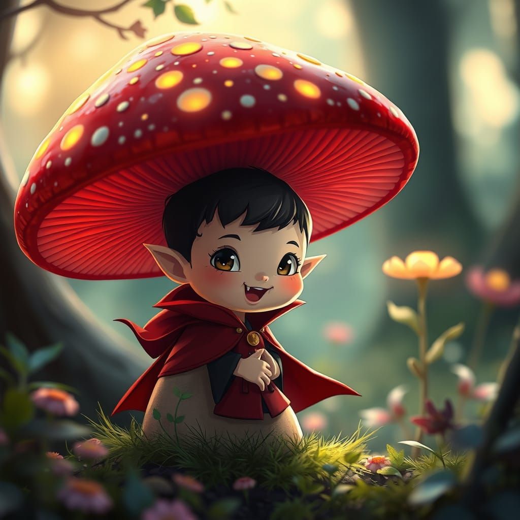Chibi Baby Vampire Hiding Behind Glowing Mushroom
