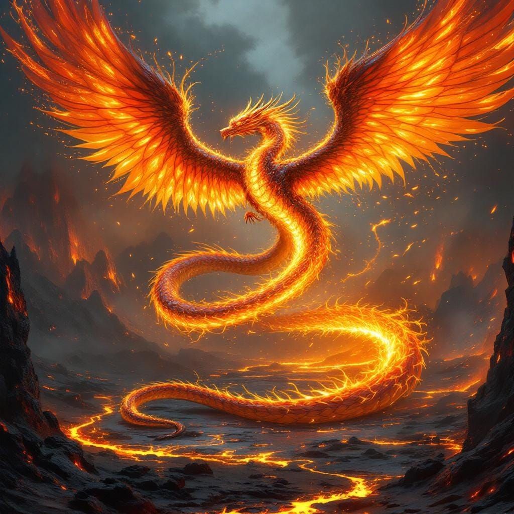 Phoenix-Dragon Ascends from Volcanic Wasteland