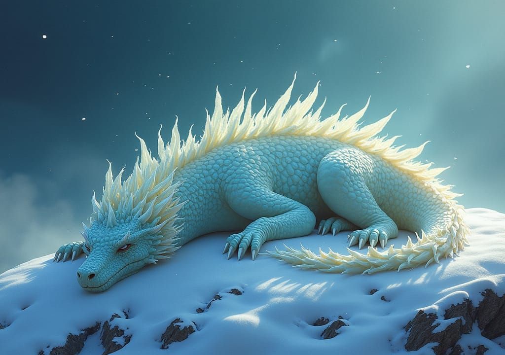 Bioluminescent Dragon Sleeps on Snowy Mountain Peak