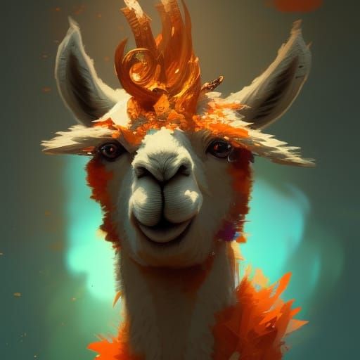 Fiery Llama: Digital Art by Rutkowski, Mucha