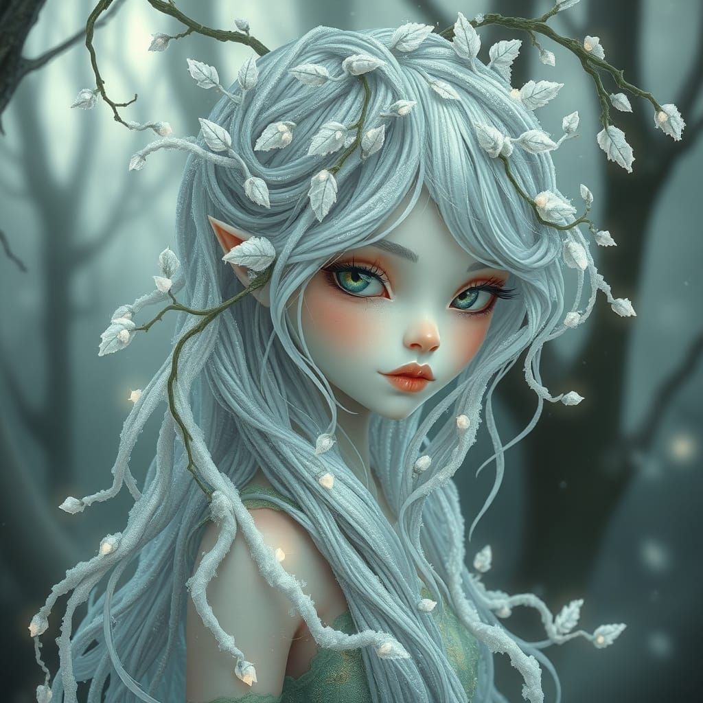 Mystical Forest Dweller with Frost Hair and Glowing Crystals