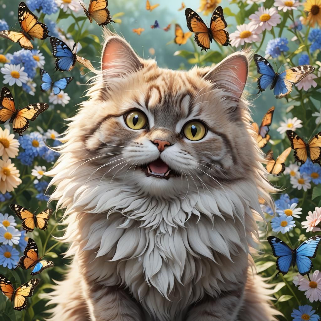 Fluffy Cat and Butterfly in 3D Anime Art