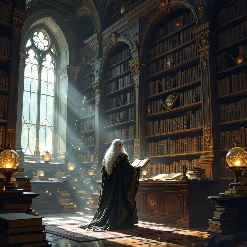 Wise Librarian in Mystical Ancient Library