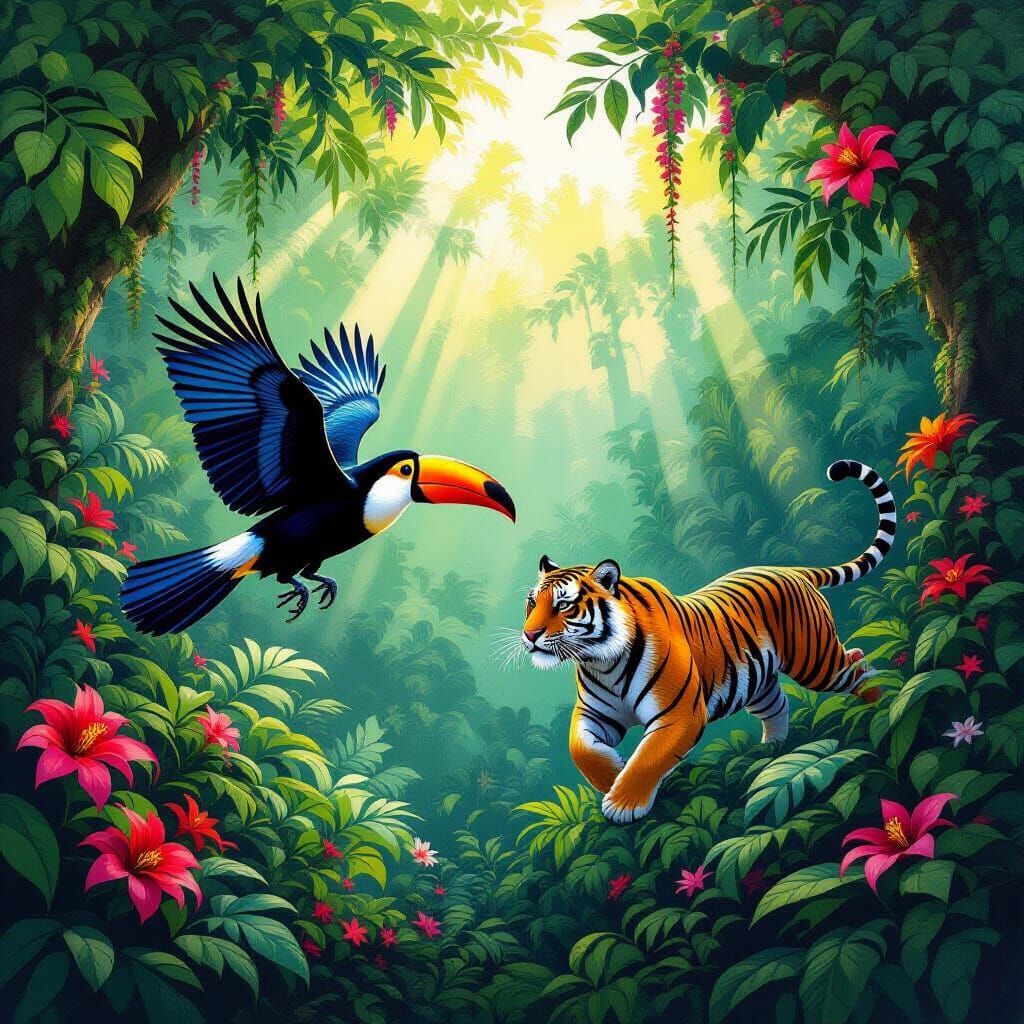 Toucan and Tiger Chase in Lush Jungle Canopy