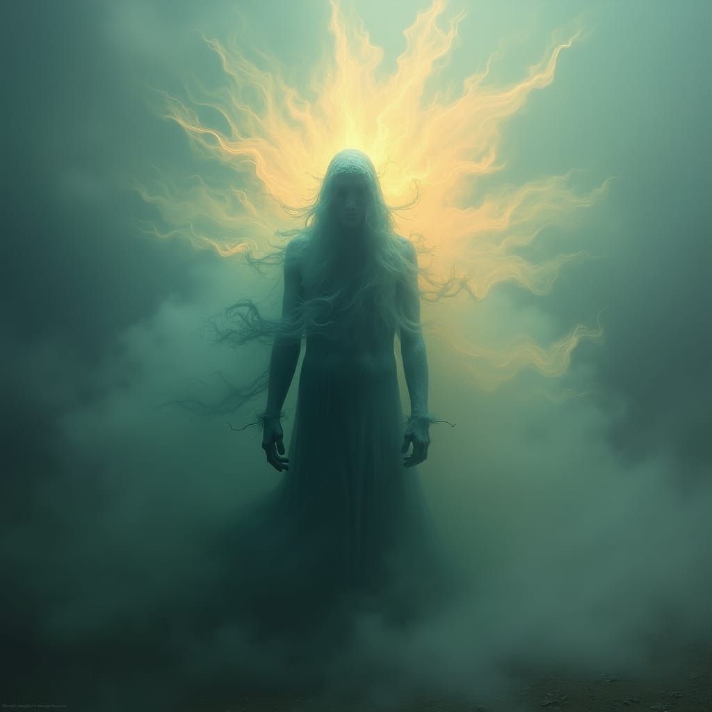 Ethereal Figure in Iridescent Mist: Surrealist Dreamscape