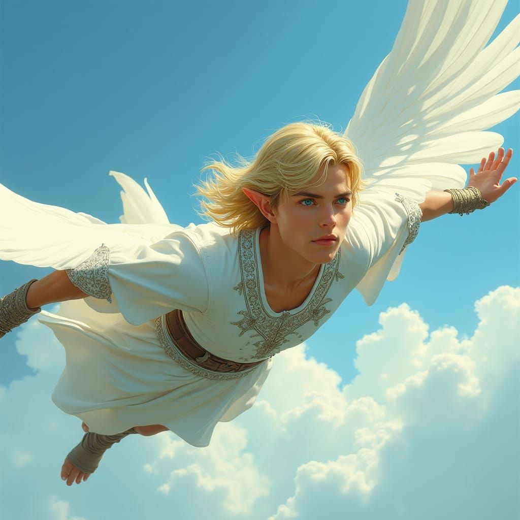 Ethereal Elf Soars on Swan-Like Wings Through the Radiant Bl...