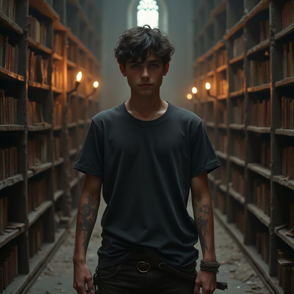 Teenager in Derelict Library, Hyper-Realistic Dark Fantasy