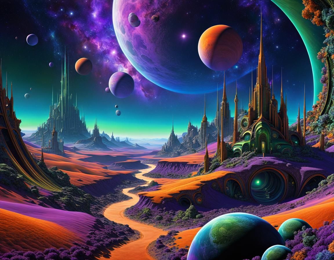 Vibrant Alien Landscape with Teslapunk Arcology