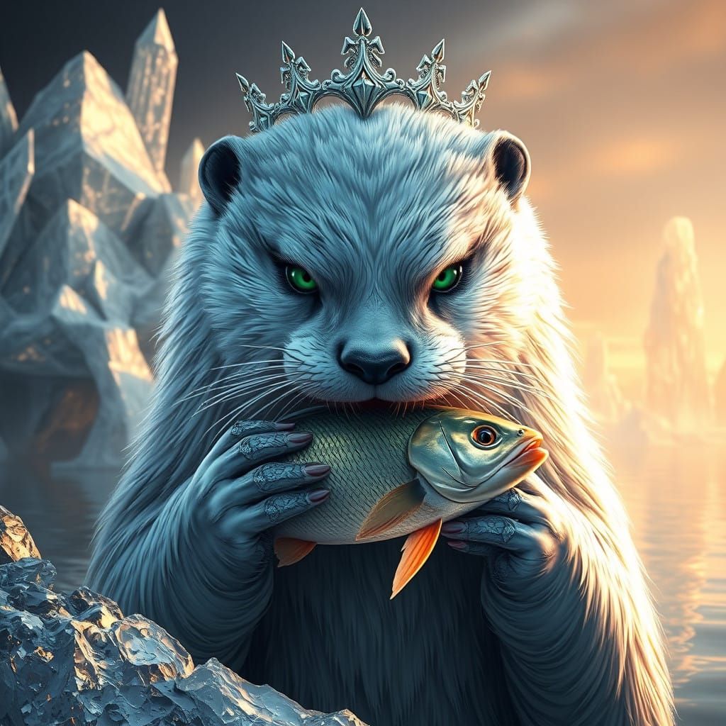 Regal Ice Crystal Otter Devours Glistening Fish in Majestic...