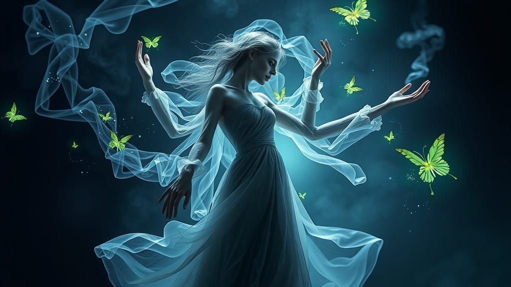 Ethereal Figure Dances with Shadow Self in a Haunting Surrea...