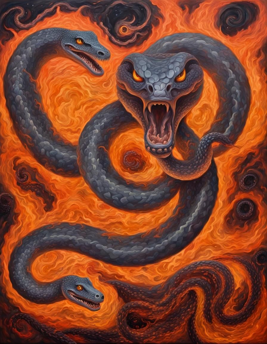 Midnight whirlpool slither as King, serpent firey monochroma...