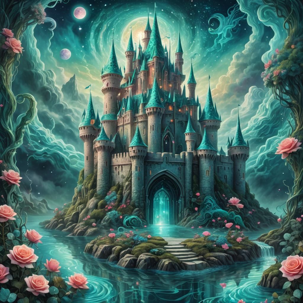 Mystical Rose Castle with Fantasy Monster: Cosmic Art
