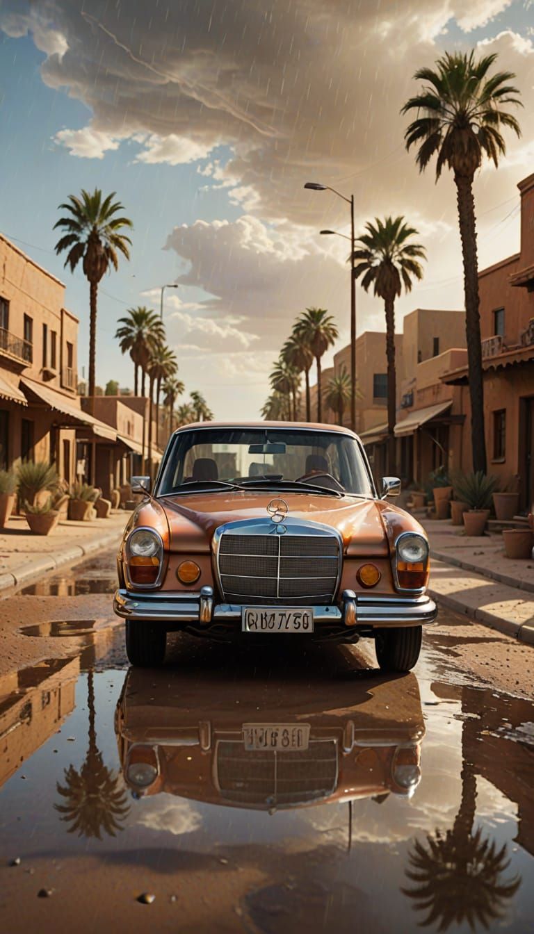1970 Mercedes Benz in Desert Town, Oil Painting
